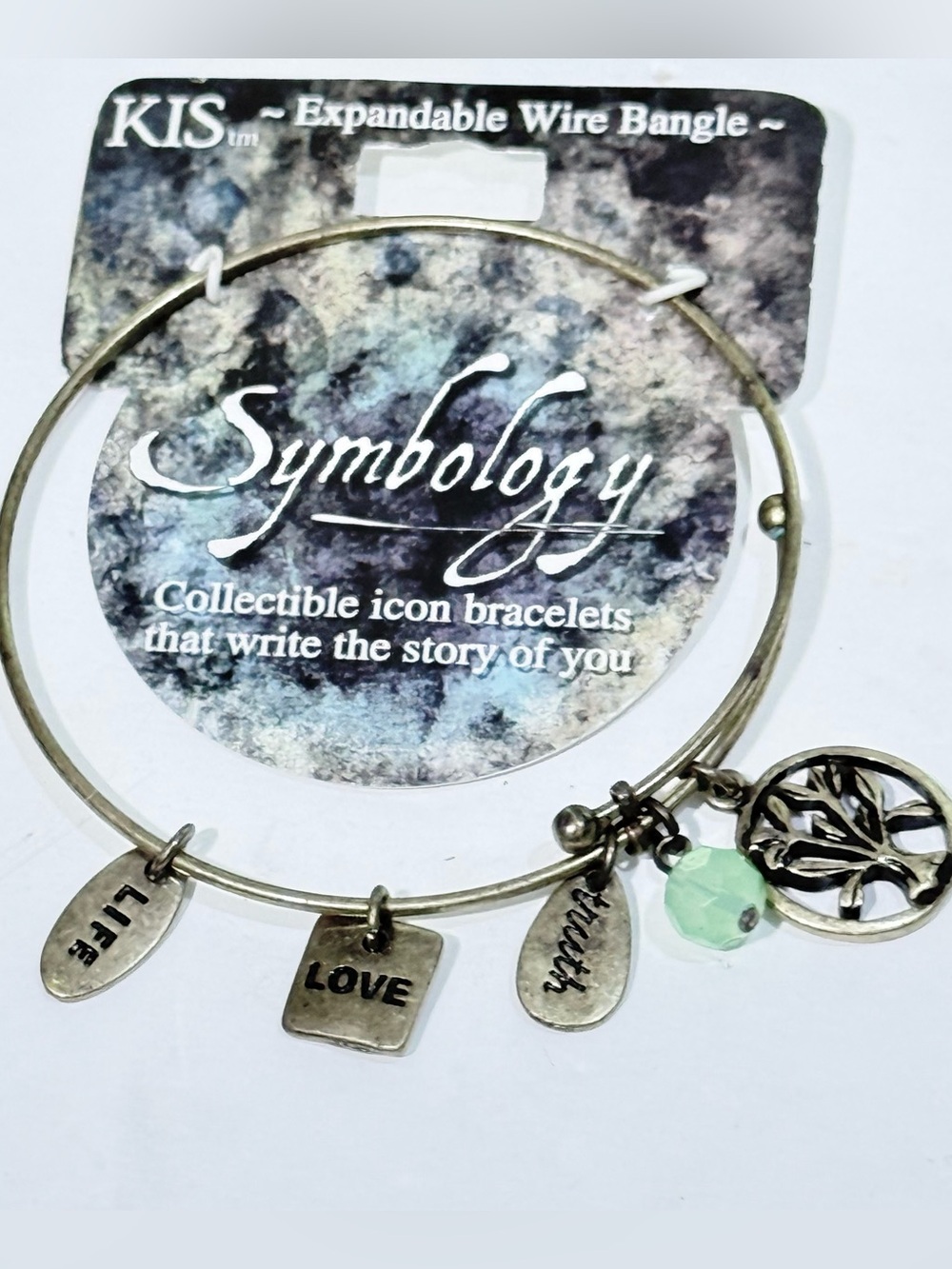 KIS Symbology Expandable Wire Bangle Charm Bracelet Silver Mint Jewelry NWT